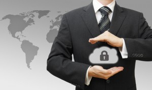 Secured Online Cloud Computing Concept with Business Man protect